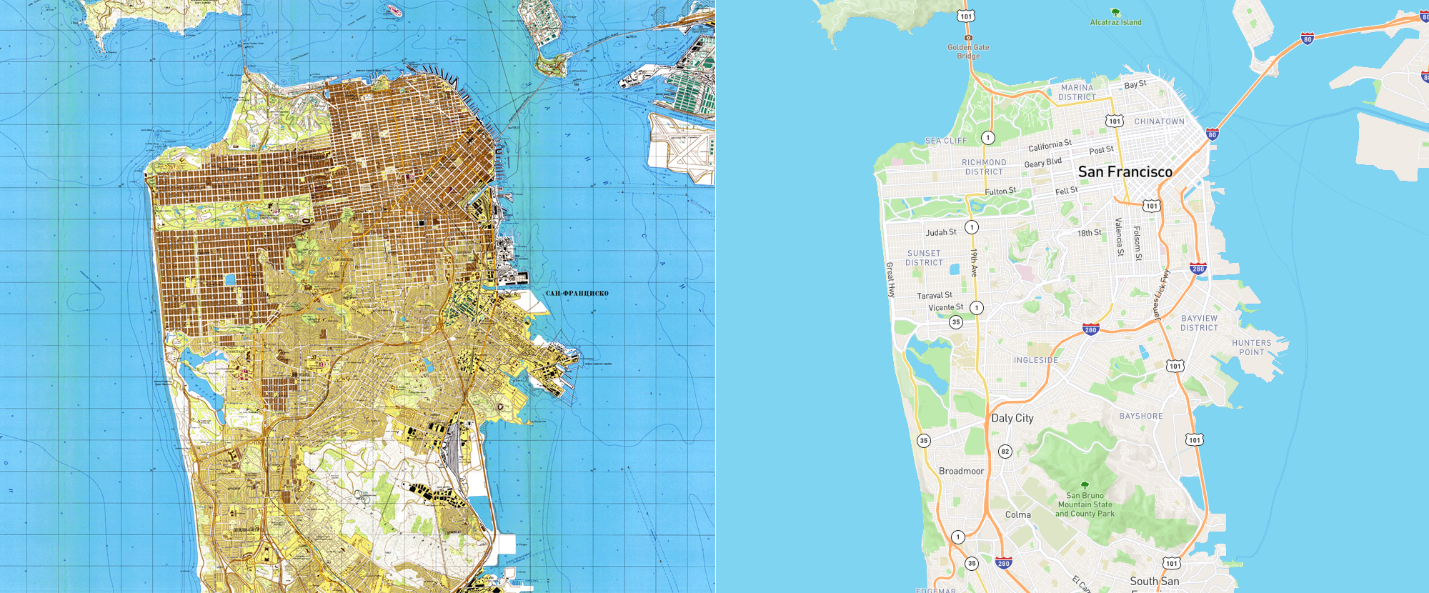 Soviet’s map of SF during Cold War, compared to today’s map